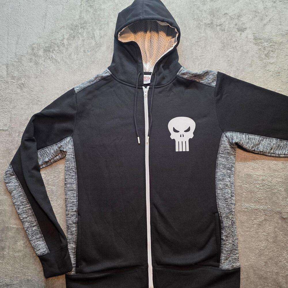 Marvel Hoodie Mens M Black Full Zip Punisher Skull Graphic Sweatshirt Logo